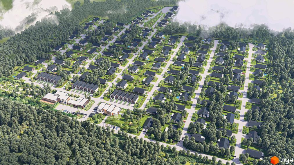 Котеджне містечко WOODCOUNTRY: оглядовий вид на сучасні будинки з сірими дахами та прибудинкову територію з деревами та доглянутими газонами.