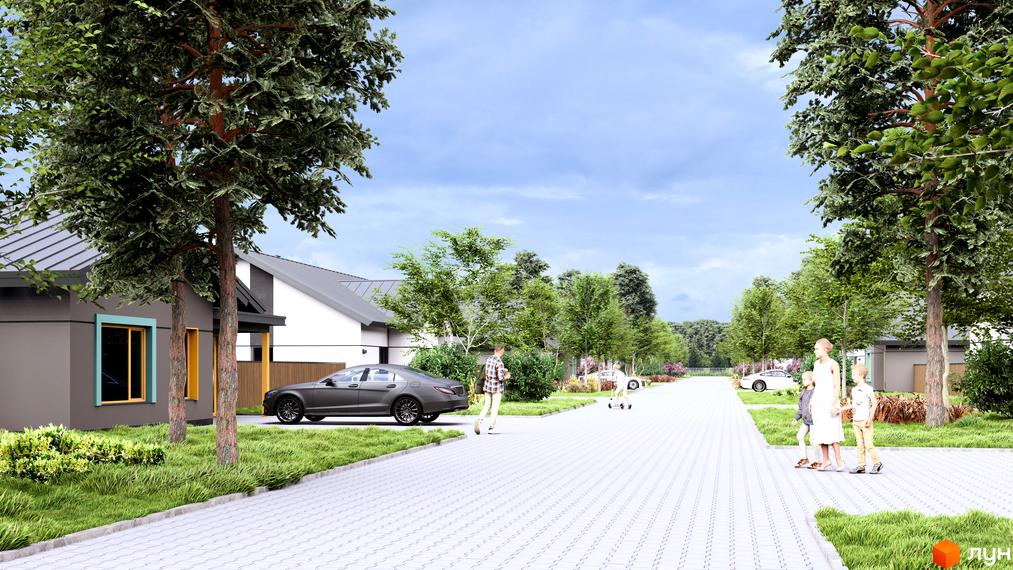 Котеджне містечко КМ WOODCOUNTRY: одноповерхові будинки з сірими дахами та прибудинковою територією з деревами та доріжками.