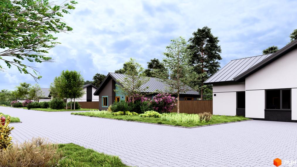 Котеджне містечко КМ WOODCOUNTRY: одноповерхові будинки з темними дахами та білими фасадами, розташовані на бруківці з зеленню та деревами.