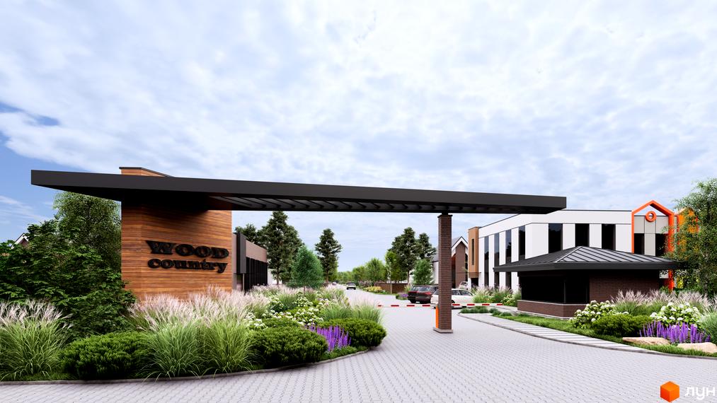 Котеджне містечко WOODCOUNTRY: вхідна група з дерев'яним оздобленням та ландшафтним дизайном. Навколо зелені насадження та квіти.