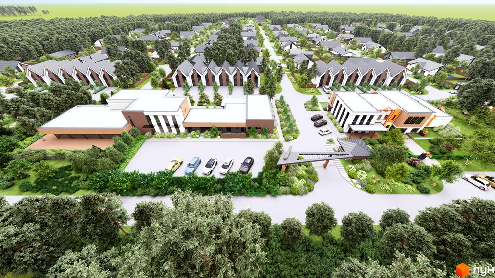 Котеджне містечко КМ WOODCOUNTRY: сучасні будинки з трикутними дахами та доглянута прибудинкова територія з деревами та парковкою.