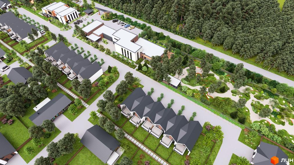 Котеджне містечко КМ WOODCOUNTRY. Панорамний вид на сучасні котеджі та зелену прибудинкову територію з доріжками та зонами відпочинку.