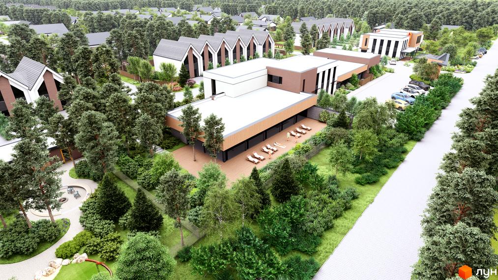 Котеджне містечко WOODCOUNTRY: сучасні будинки з панорамними вікнами та доглянутою прибудинковою територією з басейном та зонами відпочинку.