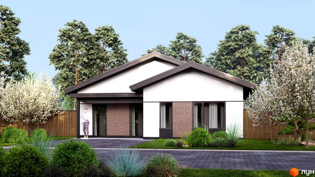 Котеджне містечко КМ WOODCOUNTRY: одноповерховий будинок з білою фасадною частиною та цегляними вставками, оточений зеленню та квітучими деревами.