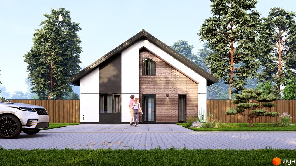 Котеджне містечко WOODCOUNTRY: двоповерховий будинок з цегляним фасадом та білими вставками, прибудинкова територія з деревами та автомобілем.