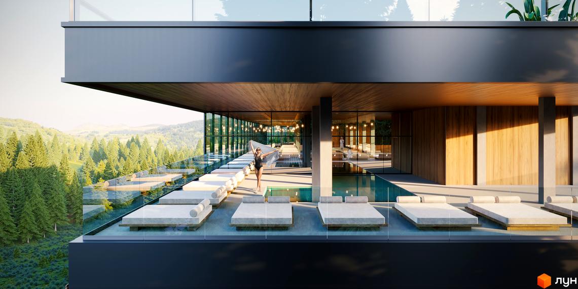 Зображення тераси з басейном у Житловому комплексі GRAND SPA RESORT AND CONFERENCE. Вид на ліс та гори з території комплексу.