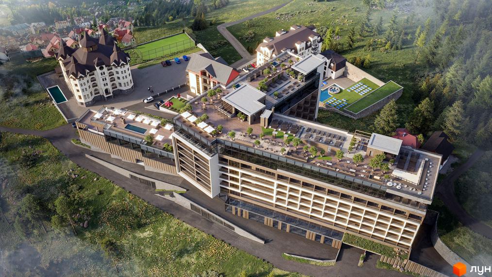 Вигляд з висоти на GRAND SPA RESORT AND CONFERENCE. Багатоповерхова будівля з басейнами та зонами відпочинку на даху, поруч котеджі та зелена територія.
