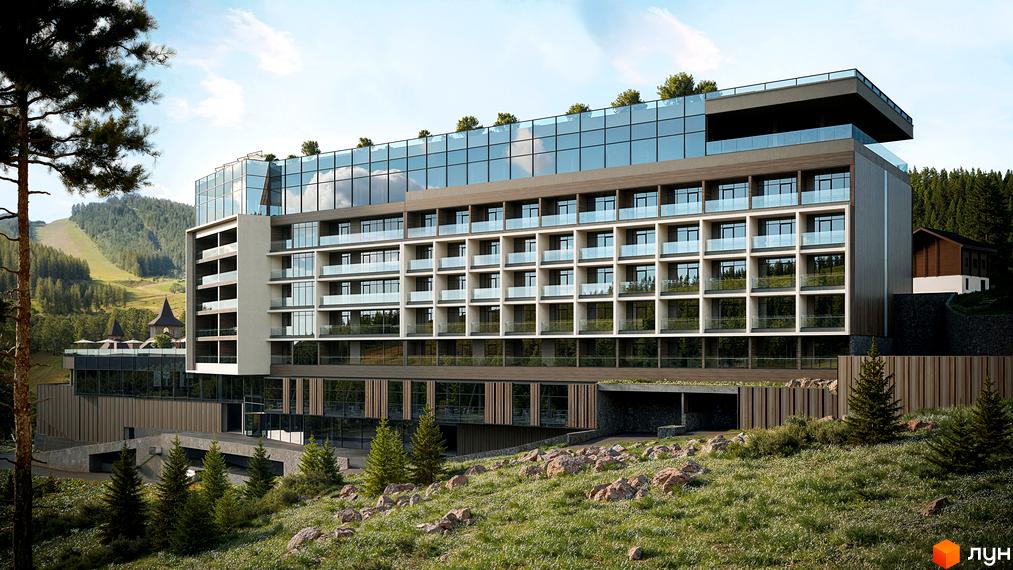 Багатоповерховий будинок GRAND SPA RESORT AND CONFERENCE з великими вікнами та балконами. Розташований серед зелених пагорбів та хвойних дерев.