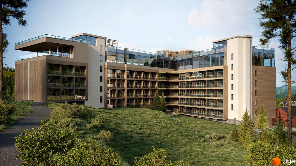 Багатоповерховий GRAND SPA RESORT AND CONFERENCE з дерев'яними та скляними фасадами, розташований серед зелених пагорбів та дерев.