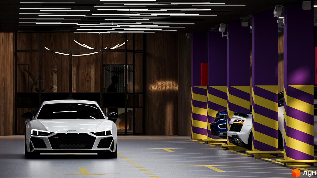 Зображення паркінгу Житлового комплексу GRAND SPA RESORT AND CONFERENCE з автомобілями. Вигляд на вхід до готелю.