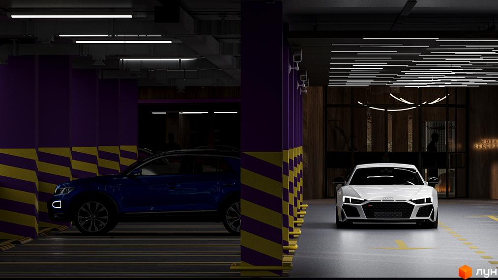 Паркінг Житлового комплексу GRAND SPA RESORT AND CONFERENCE з двома автомобілями: синім та білим.