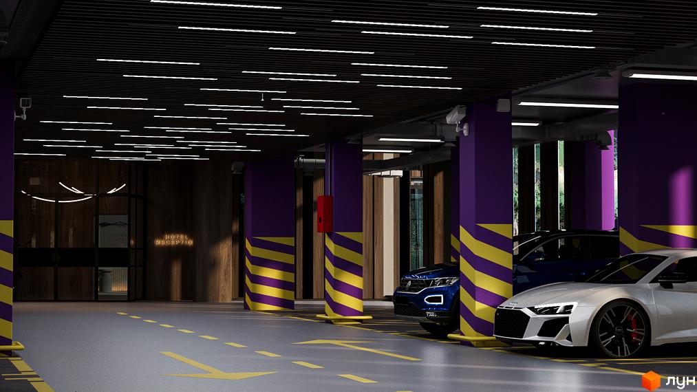 Підземний паркінг GRAND SPA RESORT AND CONFERENCE з фіолетово-жовтими колонами, яскравим освітленням та чіткою розміткою. Забезпечує зручний доступ до готельного ресепшену.