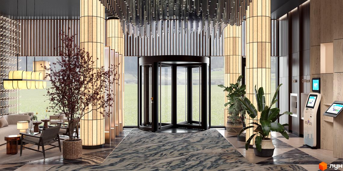 Інтер'єр GRAND SPA RESORT AND CONFERENCE з колонами та рослинами. Вигляд на вхідні двері та зелену зону за ними.