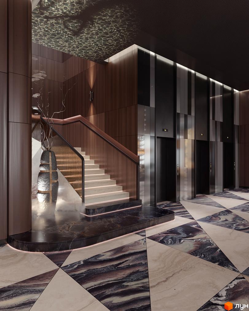 Вестибюль GRAND SPA RESORT AND CONFERENCE з дерев'яними стіновими панелями, мармуровою підлогою з геометричним візерунком та сходами з підсвічуванням.