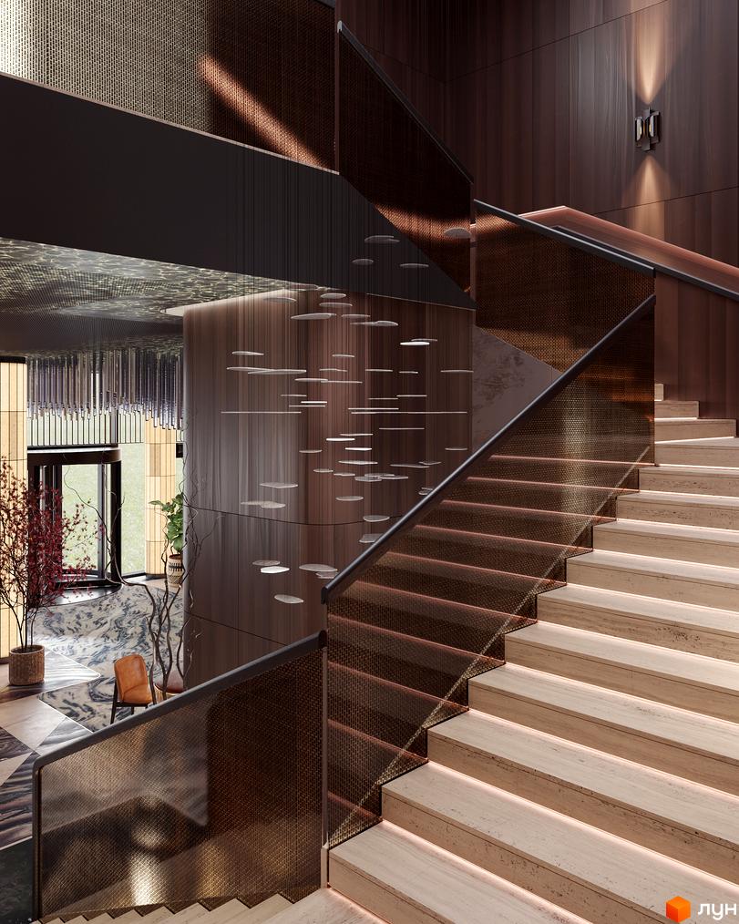 Інтер'єр GRAND SPA RESORT AND CONFERENCE з дерев'яними сходами та декоративним освітленням. Вигляд на хол з дизайнерським оформленням.