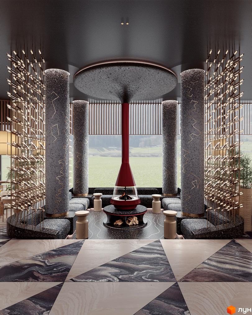 Зона відпочинку GRAND SPA RESORT AND CONFERENCE з червоним каміном, текстурними колонами та великими вікнами на зелений ландшафт.