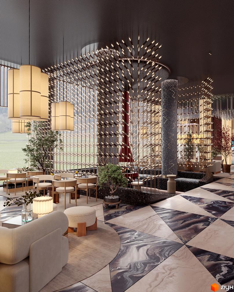 Інтер'єр GRAND SPA RESORT AND CONFERENCE з зоною відпочинку та столиками. Оригінальний дизайн освітлення та плитка на підлозі.