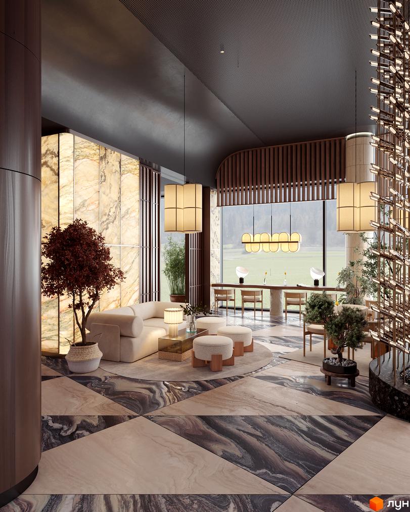 Лобі GRAND SPA RESORT AND CONFERENCE з візерунковою мармуровою підлогою, стінами з підсвіченого мармуру та панорамними вікнами на зелене поле.