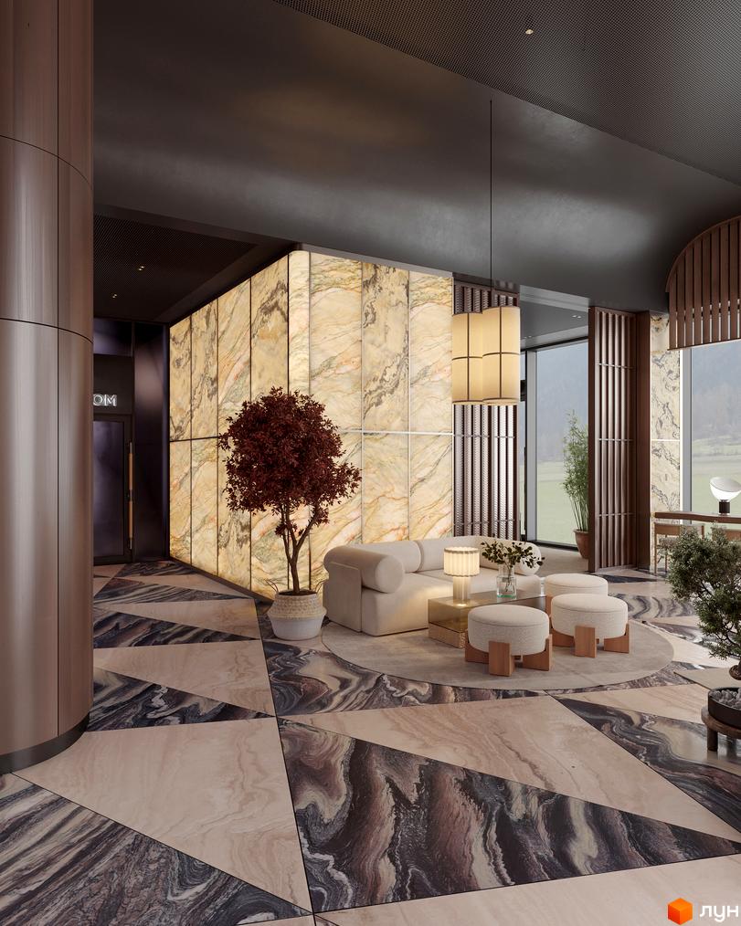 Просторий інтер'єр GRAND SPA RESORT AND CONFERENCE з підсвіченими мармуровими стінами та геометричною підлогою.