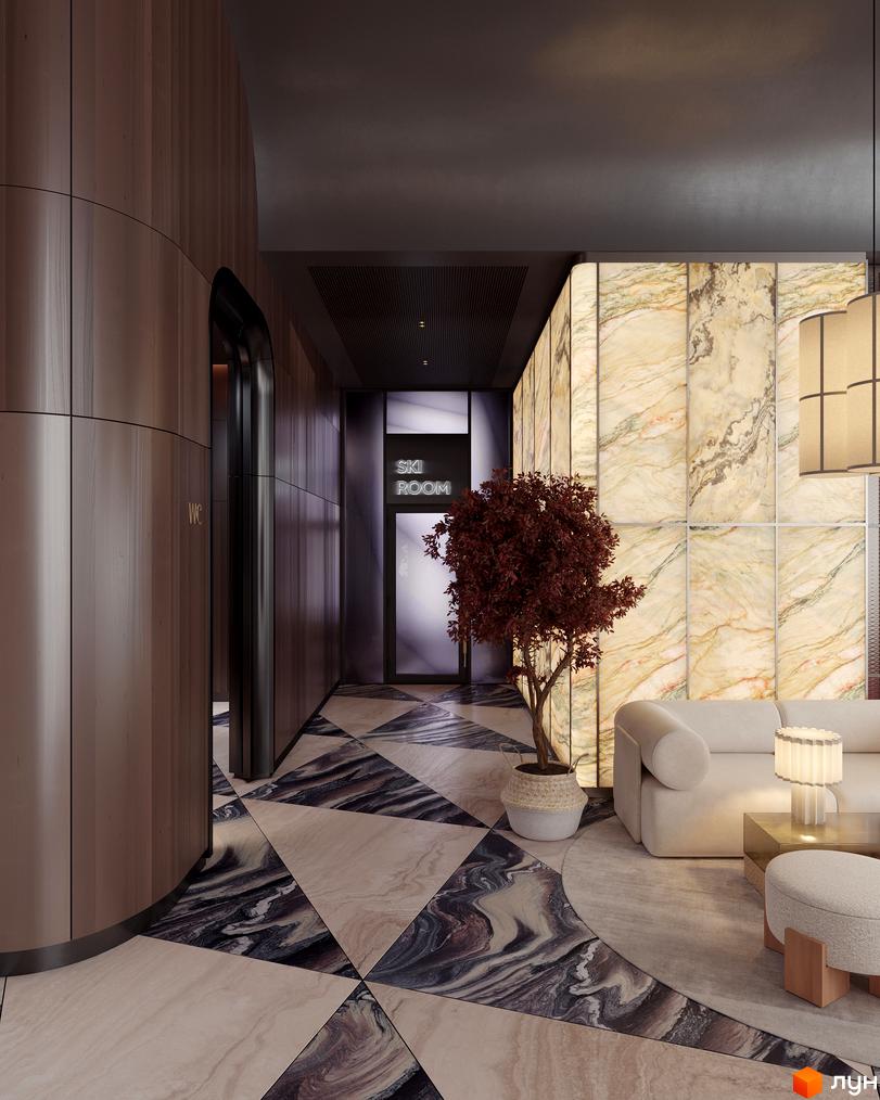 Інтер'єр GRAND SPA RESORT AND CONFERENCE: лобі з мармуровими стінами, дерев'яними панелями, візерунковою підлогою та входом до Ski Room.