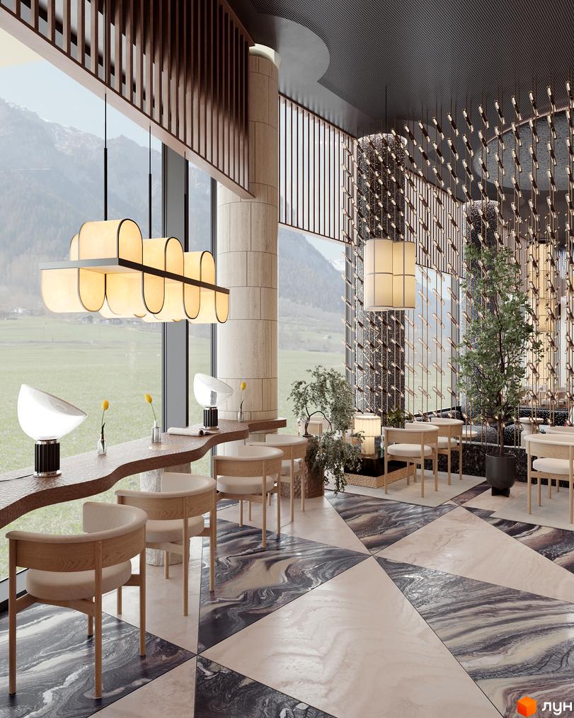 Інтер'єр GRAND SPA RESORT AND CONFERENCE з панорамними вікнами та видом на гори. Зал новобудови має дерев'яні меблі та мармурову підлогу.