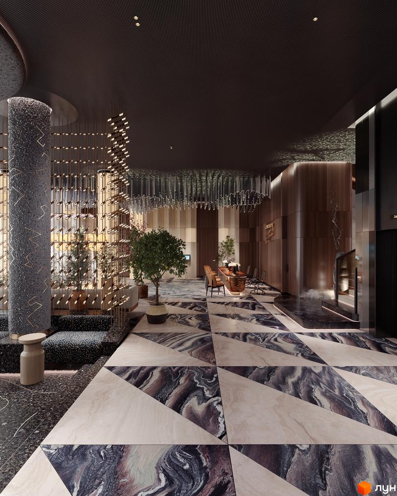 Просторий інтер'єр лобі Комплексу GRAND SPA RESORT AND CONFERENCE з геометричною мармуровою підлогою та декоративними світловими інсталяціями.