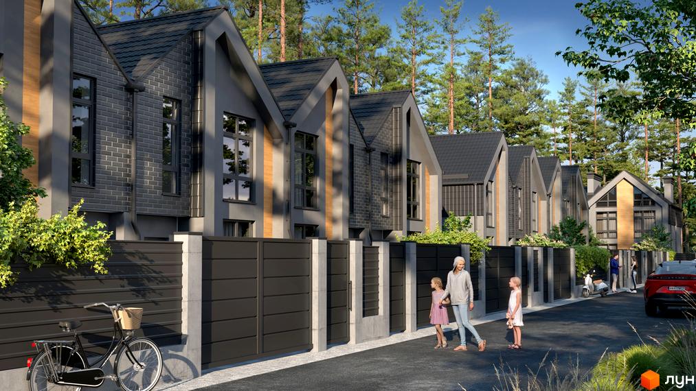 Таунхауси Oscar Park з темною цегляною кладкою та сірими фасадами, розташовані біля зеленої зони з деревами, на фоні видно паркан та дорогу.