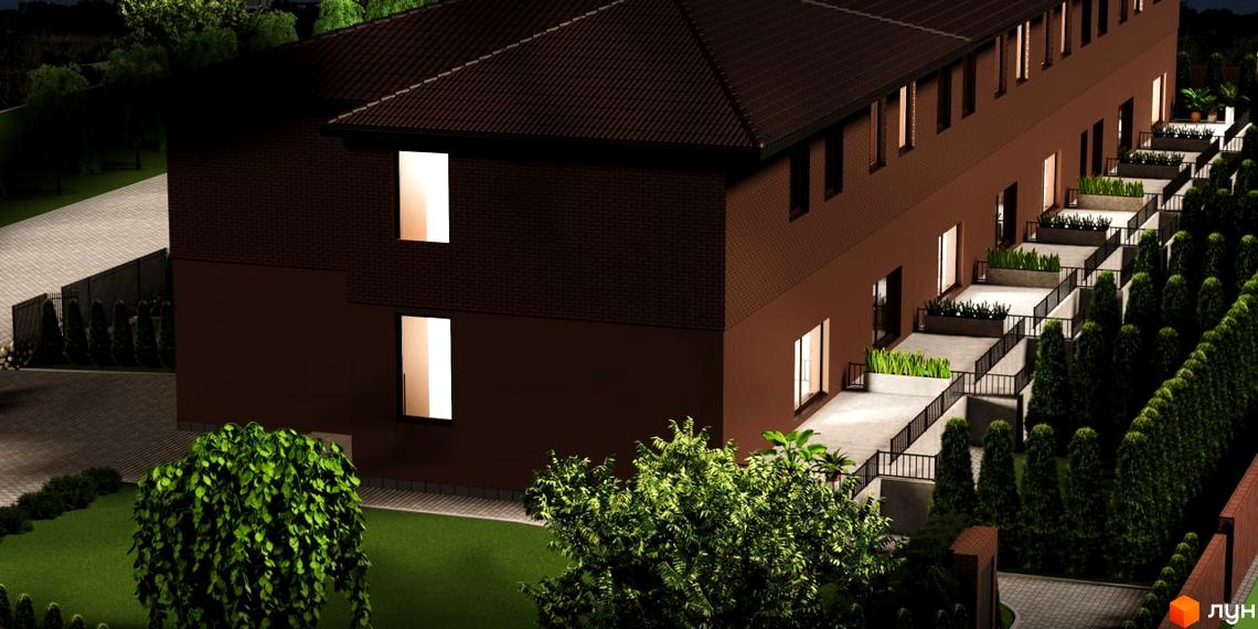 Темно-коричнева будівля Житлового комплексу клубного типу Обрій з освітленими вікнами. Прибудинкова територія має терасовані зелені насадження та доріжки.