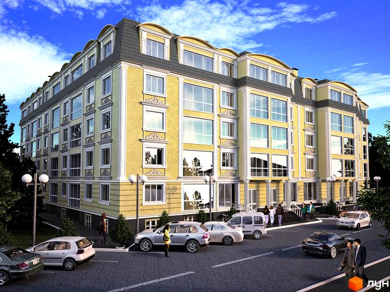 Зовнішній вигляд новобудови ЖК Софіївський пасаж з жовтим фасадом та сірим дахом. На прибудинковій території видно автомобілі та людей.