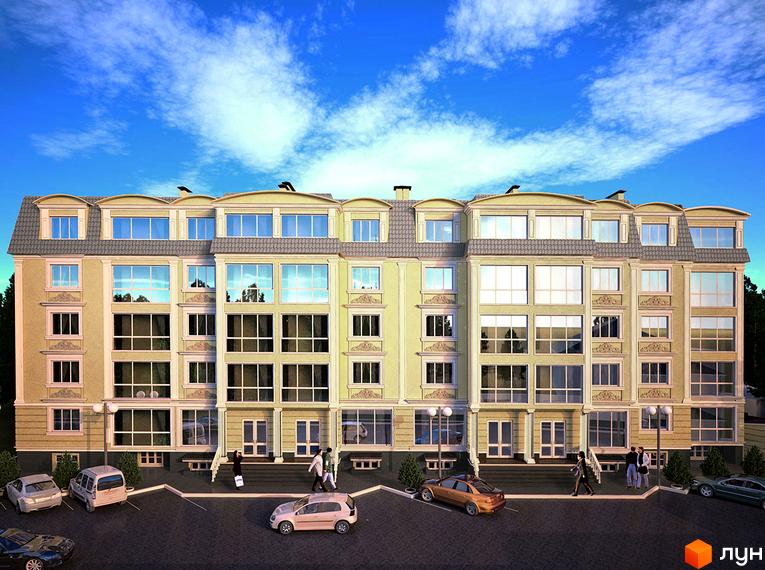 Зовнішній вигляд новобудови ЖК Софіївський пасаж з великою кількістю вікон та мансардними поверхами. Прибудинкова територія з автомобілями та пішоходами.