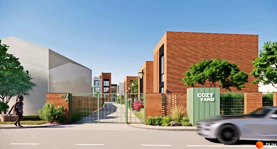 Таунхауси Cozy Yard: фасади з червоної цегли, зелені огорожі та доглянута прибудинкова територія. Офіційний сайт новобудов для вибору квартир.