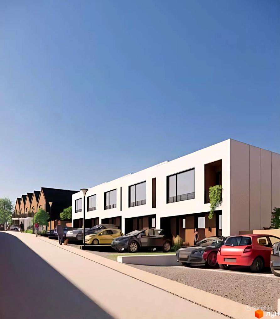 Таунхауси Cozy Yard: сучасні білі будинки з великими вікнами та паркуванням біля них. Навколо зелені насадження та доглянута територія.