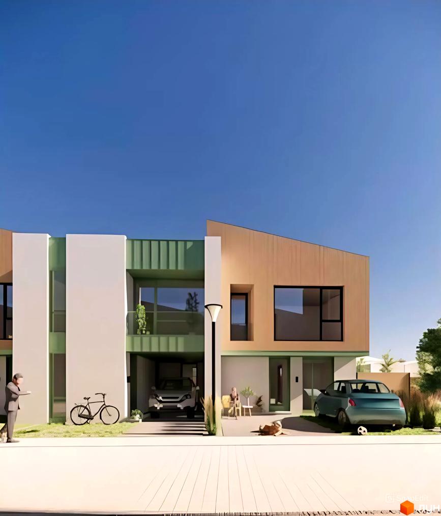 Таунхауси Cozy yard: двоповерхові будинки з білими та дерев'яними фасадами, зеленою покрівлею, прибудинкова територія з велосипедом, автомобілями та зоною відпочинку.