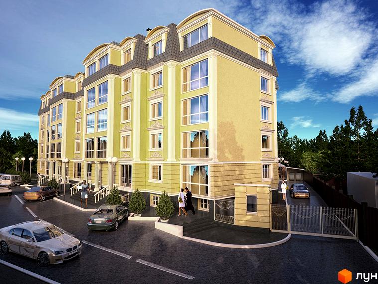 Зовнішній вигляд новобудови ЖК Софіївський пасаж з світло-жовтим фасадом та мансардним дахом. Прибудинкова територія з автомобілями та зеленими насадженнями.