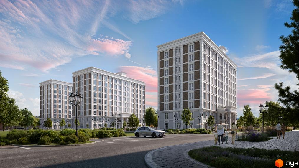 Житловий комплекс OXFORD – це три багатоповерхові будинки з цегляним фасадом та білими декоративними елементами. Територія навколо будинків упорядкована, з пішохідними доріжками, газонами та деревами.