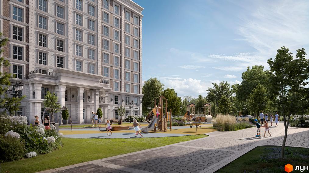 Житловий комплекс OXFORD: багатоповерховий будинок з колонами та дитячий майданчик з гірками на тлі зелених дерев.