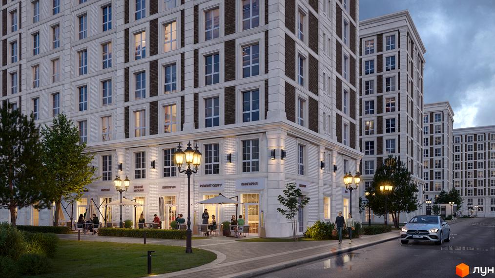 Житловий комплекс OXFORD: білі фасади з коричневими вставками, великі вікна, вуличні ліхтарі та зелена зона з відпочинковими столиками. Навколо комплексу доглянута територія з деревами та доріжками.