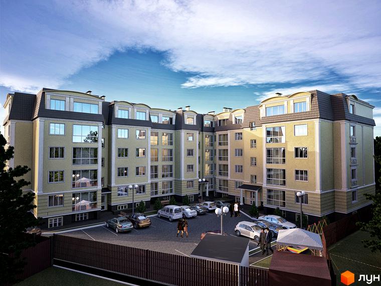 Зовнішній вигляд новобудови ЖК Софіївський пасаж з парковкою та дитячим майданчиком. Будинок має жовтий фасад, сірий дах та великі вікна.