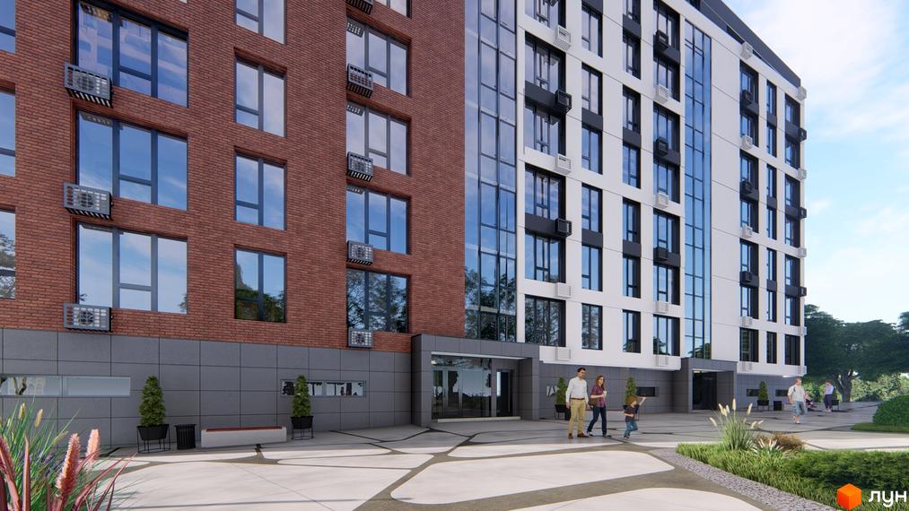 Багатоповерховий будинок Житлового комплексу SVIY з комбінованим фасадом. Облаштована прибудинкова територія з доріжками та озелененням.