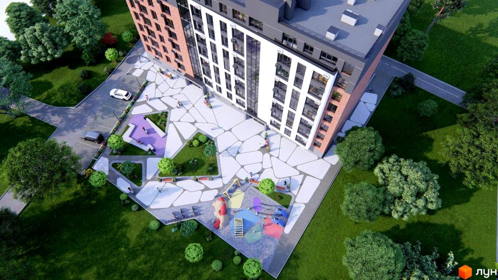 Вид зверху на Житловий комплекс SVIY з облаштованою прибудинковою територією, дитячим майданчиком та паркінгом.