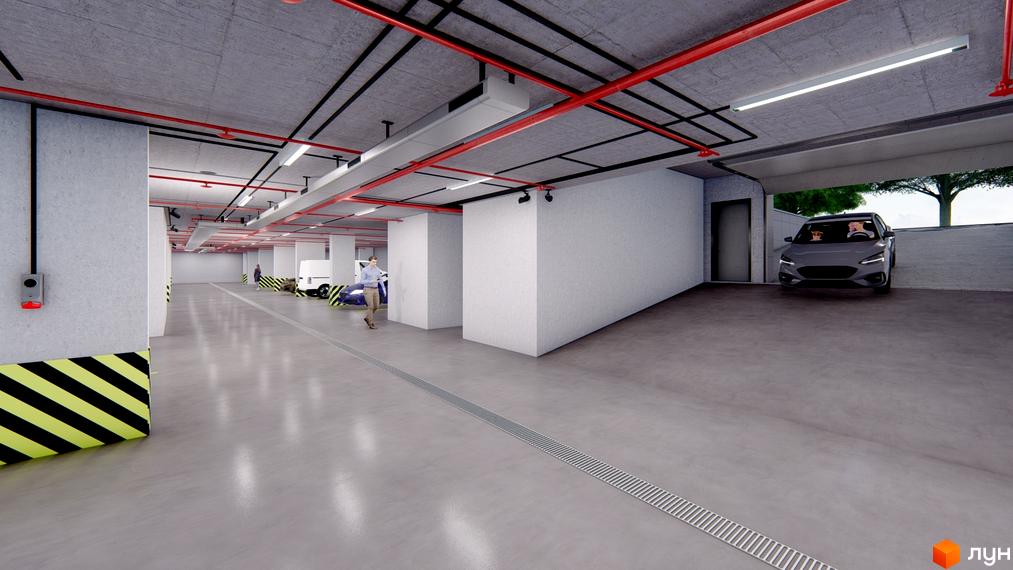Зображення паркінгу Будівельного проєкту SVIY з автомобілем та людьми. Вигляд підземного паркінгу з бетонними колонами та червоними трубами.