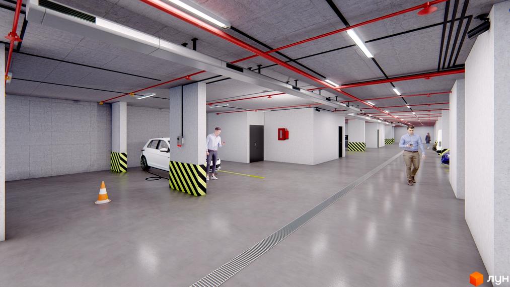 Зображення паркінгу в Будівельному проєкті SVIY. На фото видно частину паркінгу з колонами, розміткою та автомобілями.