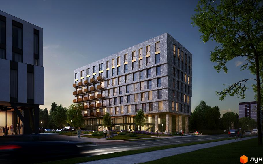 Фасад житлового комплексу Quoroom FLY з сірими панелями та балконами. Навколо будинку розташовані дерева та доглянута територія.