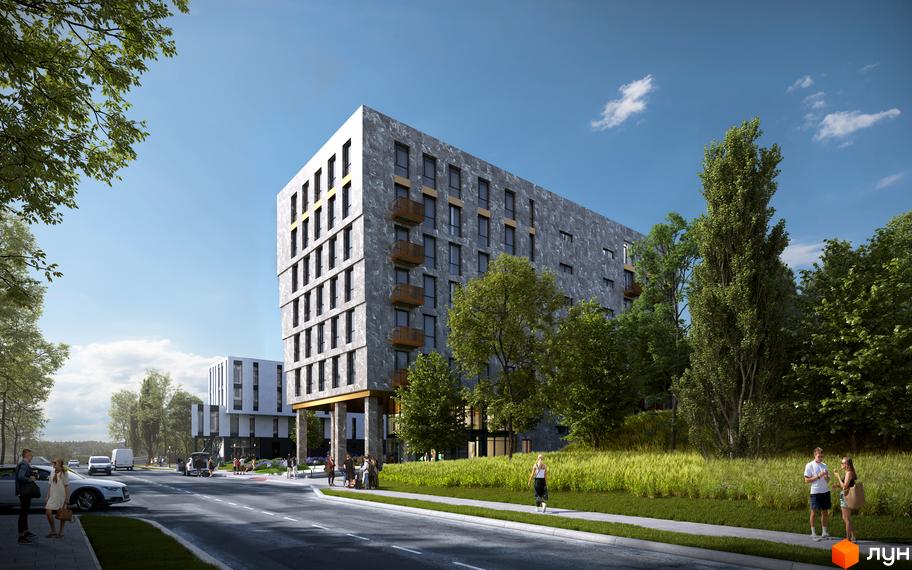 Зовнішній вигляд житлового комплексу Quoroom FLY з сірим фасадом та балконами, на тлі дерев та блакитного неба. На прибудинковій території розташовані зелені насадження та доріжки.