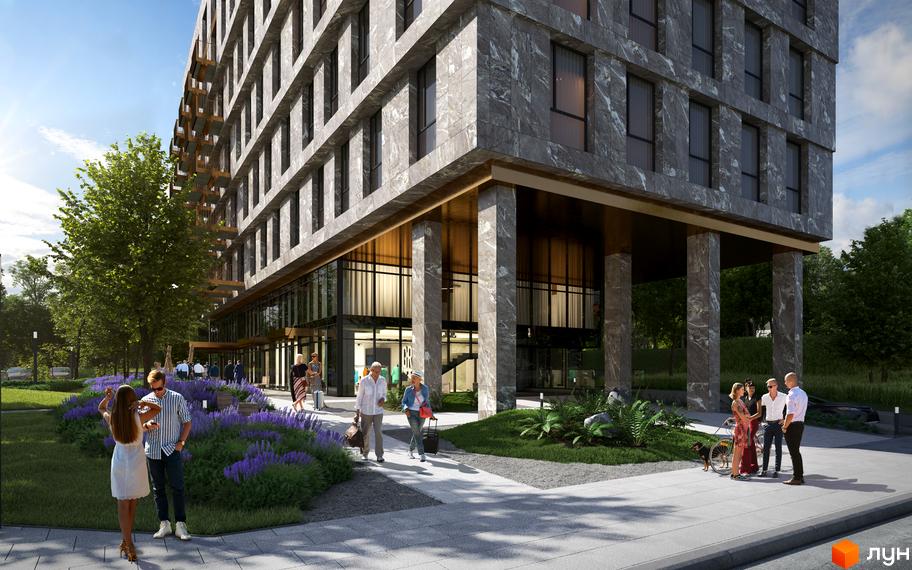 Фасад новобудови Quoroom FLY з мармуровим оздобленням та прибудинковою територією з квітами та людьми.