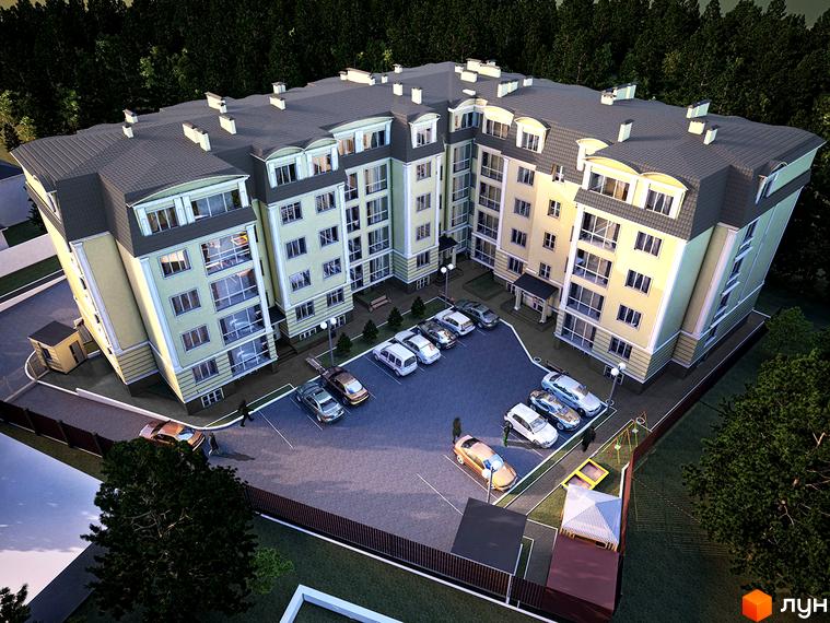 Житловий комплекс Софіївський пасаж - це багатоповерховий будинок з жовто-зеленими фасадами та сірим дахом. На прибудинковій території розташовані парковка та дитячий майданчик.