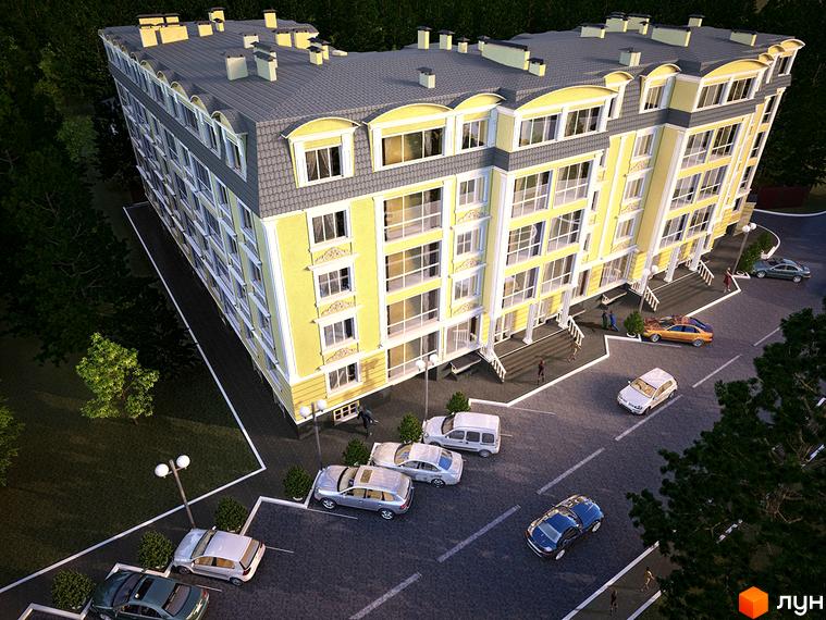 Зовнішній вигляд багатоповерхового будинку ЖК Софіївський пасаж з жовтим фасадом та сірим дахом. На прибудинковій території розташовані автомобілі та зелені насадження.