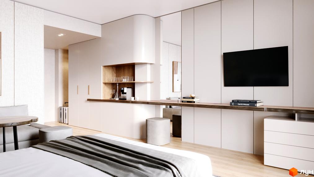 Апарт-готель VERTEXVILLE: інтер'єр номеру з ліжком, зоною кухні та телевізором на стіні. Сучасний дизайн та функціональне планування.