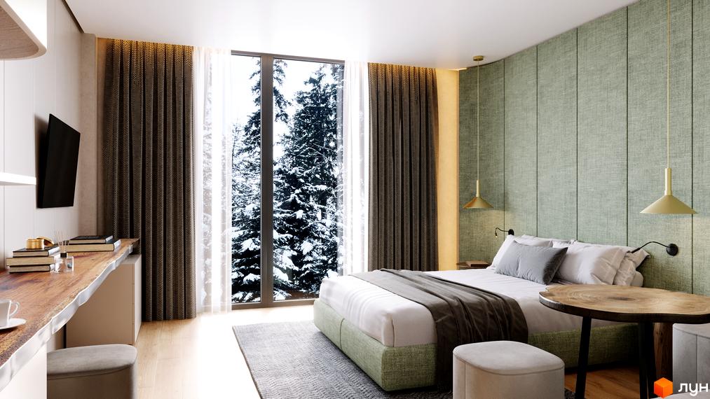 Апарт-готель VERTEXVILLE: затишна спальня з панорамним вікном та видом на зимовий ліс. Сучасний інтер'єр та комфорт для вашого відпочинку.