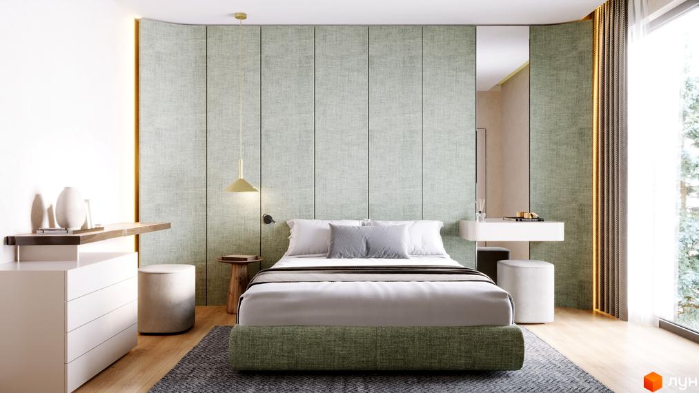 Апарт-готель VERTEXVILLE: елегантна спальня з м'яким узголів'ям та підвісним світильником. Сучасний дизайн інтер'єру.